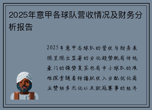 2025年意甲各球队营收情况及财务分析报告